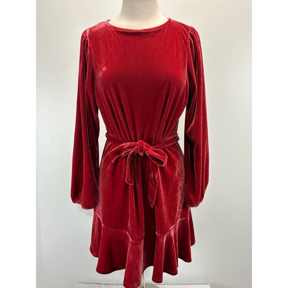 J. Crew Factory Velvet Mini Dress Women's M Red Tie Waist Holiday Cocktail